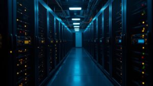 Equipos de minería de Bitcoin fotorrealistas junto a servidores de IA/HPC en un centro de datos tenue, con cables luminosos; la potencia de hash se desplaza hacia la IA.