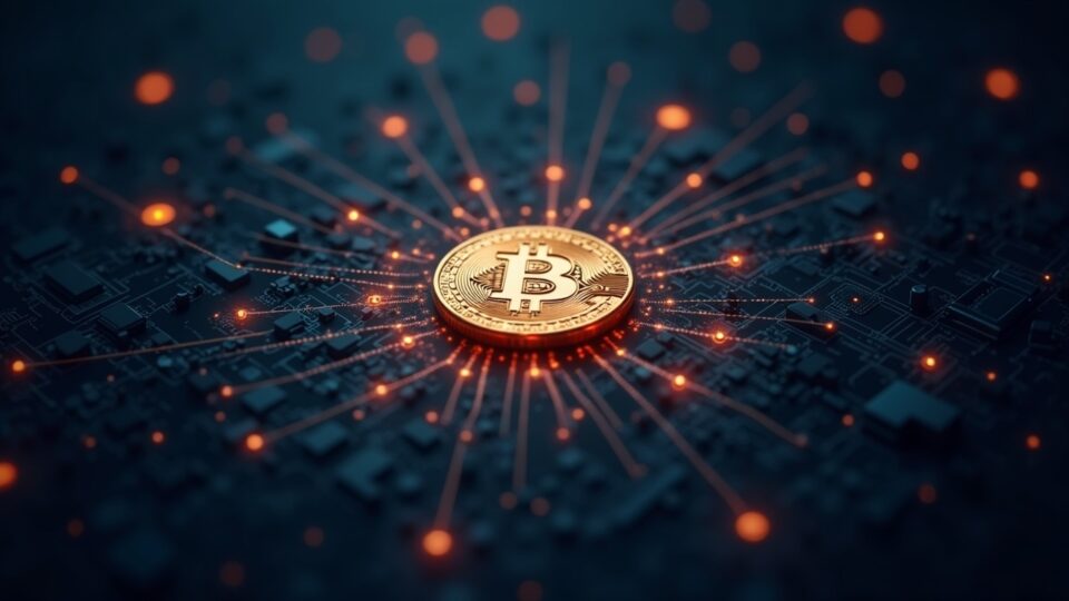 Bitcoin fotorrealista en el centro con flujos de datos brillantes hacia activos tokenizados holográficos en una rejilla de cadena de bloques.