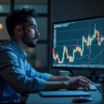 Retrato realista de un trader de cripto concentrado en un escritorio con un gráfico holográfico de BTC mostrando resistencia de 95k y una muerte cruzada.