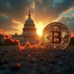 Símbolo de Bitcoin con una línea de precio fluctuante y la silueta del Capitolio en el fondo, ilustrando cómo la volatilidad de las criptomonedas afecta la financiación.