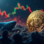 Símbolo de Bitcoin centrado sobre un gráfico de precio descendente con una silueta de ballena y un piso de negociación abarrotado que señala presión de venta