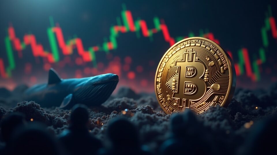 Símbolo de Bitcoin centrado sobre un gráfico de precio descendente con una silueta de ballena y un piso de negociación abarrotado que señala presión de venta
