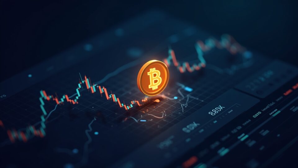 Sala de redacción cripto futurista con un ícono de Bitcoin sobre un gráfico de precios de 87k estabilizándose, señalando el desvanecimiento de Wyckoff.