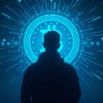 Silueta de hacker fotorrealista delante de una bóveda luminosa de Bitcoin con un mazo judicial y patrones de circuitos en un ambiente de sala de redacción.