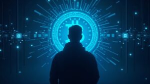 Silueta de hacker fotorrealista delante de una bóveda luminosa de Bitcoin con un mazo judicial y patrones de circuitos en un ambiente de sala de redacción.