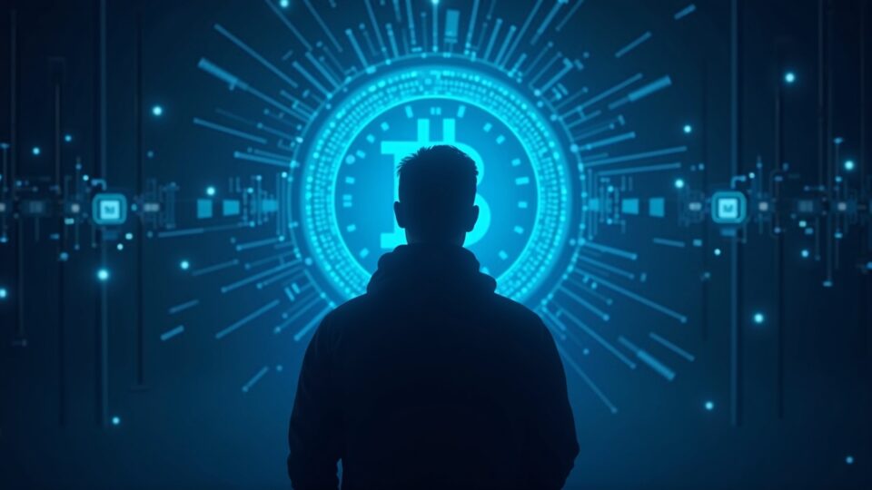 Silueta de hacker fotorrealista delante de una bóveda luminosa de Bitcoin con un mazo judicial y patrones de circuitos en un ambiente de sala de redacción.