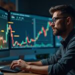 Operador fotorrealista en una sala de alta tecnología con un gráfico holográfico de XAUUSD y cotizaciones cripto, fusionando TradFi y cripto.