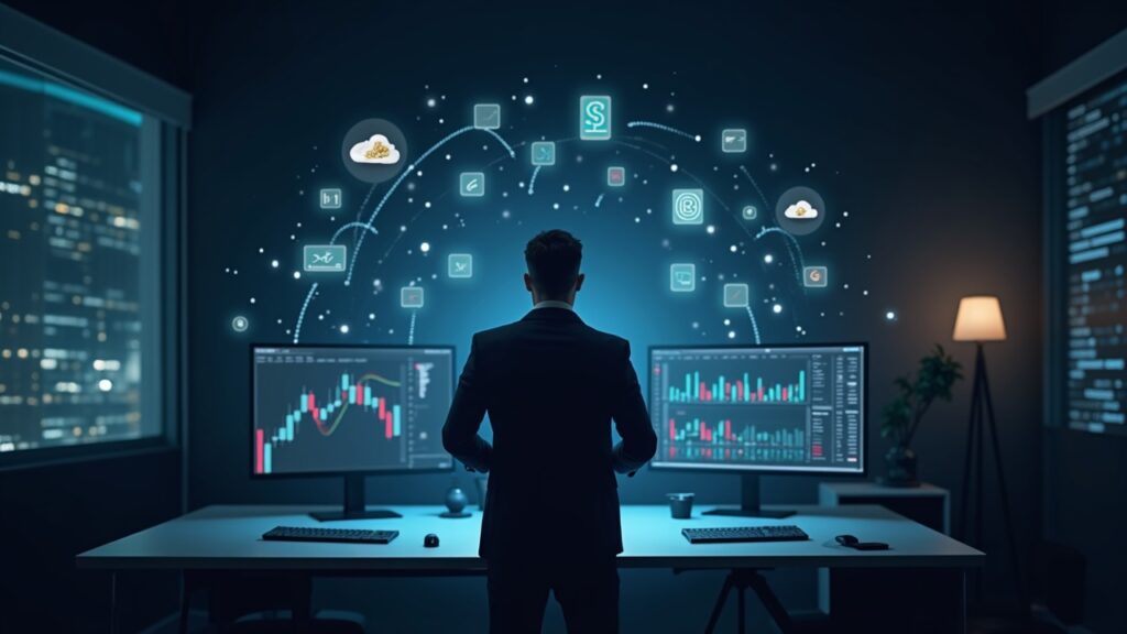 Comerciante fotorrealista en una sala de trading elegante con activos holográficos convergiendo en una única cuenta de Bitget.