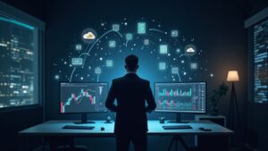 Comerciante fotorrealista en una sala de trading elegante con activos holográficos convergiendo en una única cuenta de Bitget.