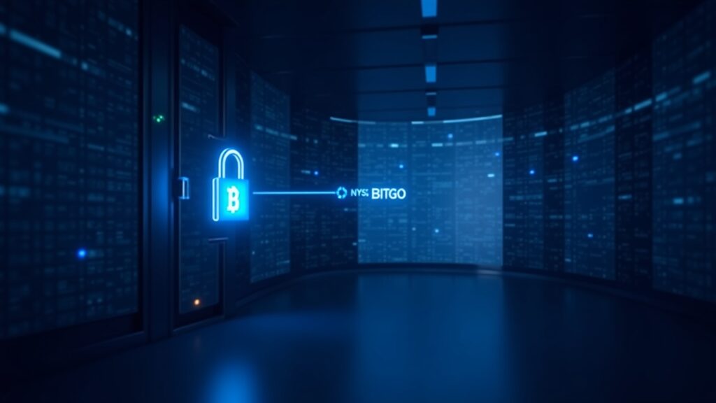 Piso de negociación fotorrealista con una bóveda digital brillante en azul, marca de BitGo, que señala el crecimiento de custodia cripto y OPI en NYSE