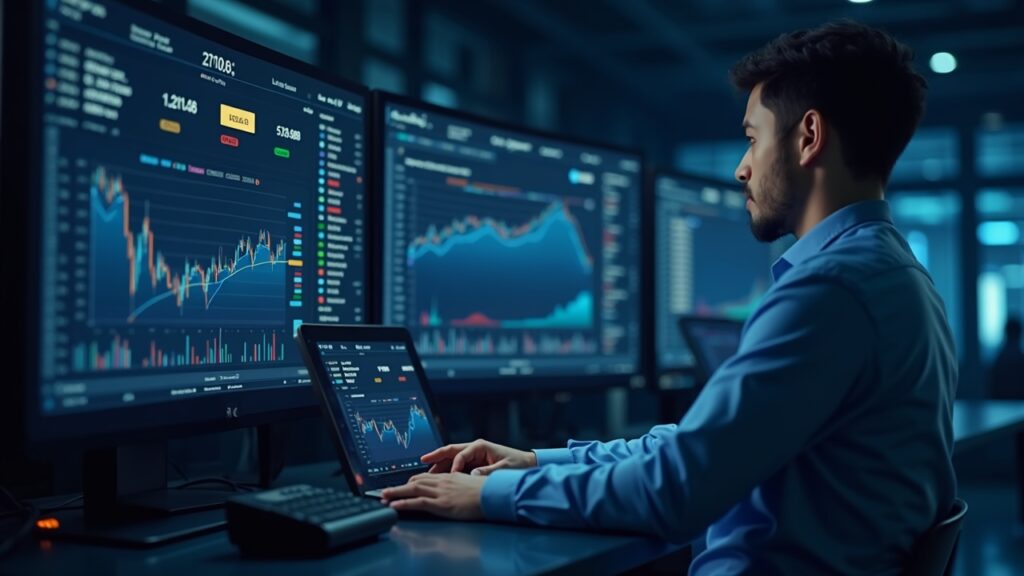 Cabecera fotorrealista: operador institucional en una sala de negociación moderna con paneles de derivados de criptomonedas y la marca BitGo.