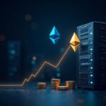Hub de tesorería criptográfica fotorrealista con logo de ETH, bastidores de validadores y un gráfico ascendente que ilustra el hito de 1M de ETH en stake de BitMine.