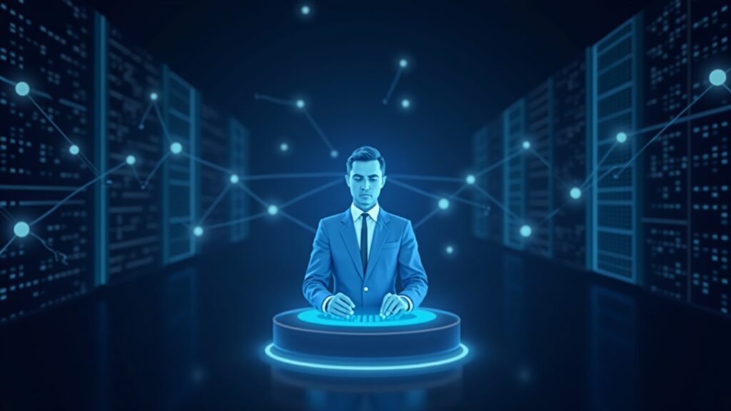 Escena fotorrealista de un centro de datos con un ejecutivo central, una baliza holográfica, un gráfico de la participación de BitMine y nodos validadores.