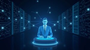Escena fotorrealista de un centro de datos con un ejecutivo central, una baliza holográfica, un gráfico de la participación de BitMine y nodos validadores.