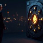 Encabezado fotorrealista: presidente junto a una bóveda de Ethereum brillante, símbolos de ETH y superposiciones de datos que señalan la Alquimia del 5%.