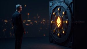 Encabezado fotorrealista: presidente junto a una bóveda de Ethereum brillante, símbolos de ETH y superposiciones de datos que señalan la Alquimia del 5%.