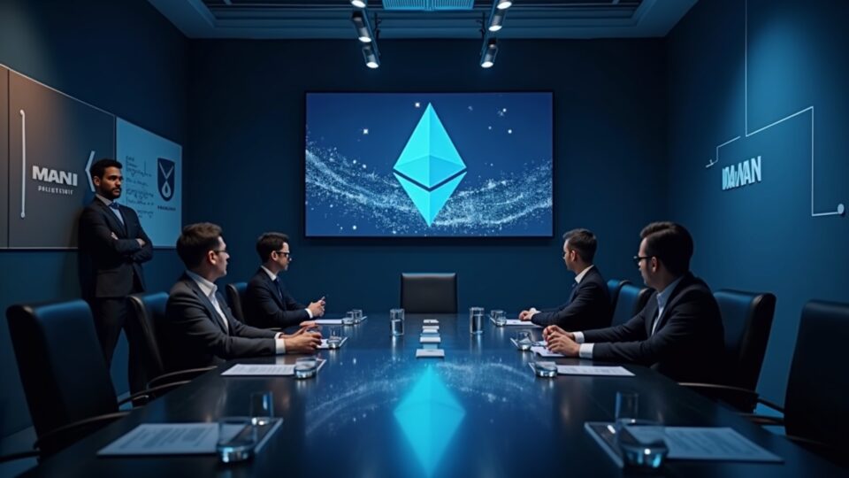 Sala de juntas fotorrealista: Ethereum transformándose en una economía digital con los logotipos de MAVAN y Beast Industries y un presentador.