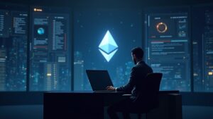 Operador validador fotorrealista en un elegante puesto de control con brillo de Ethereum, que ilustra el retraso de staking de BitMine
