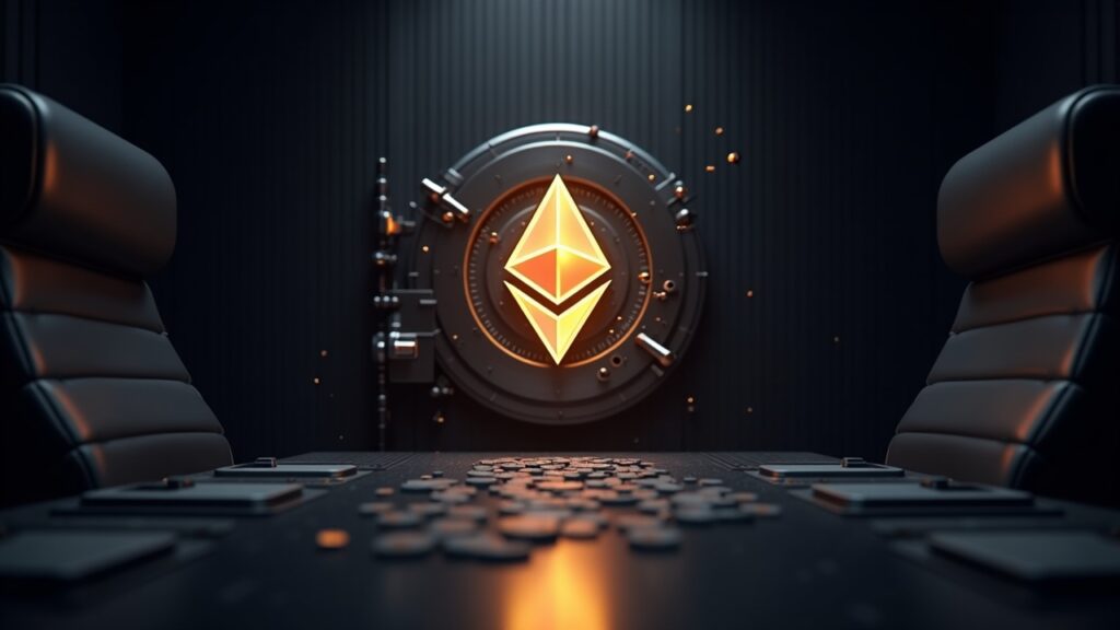 Escena elegante de una sala de juntas con un logotipo de bóveda de Ethereum iluminado, nodos de staking orbitando y flujos de dinero digital.