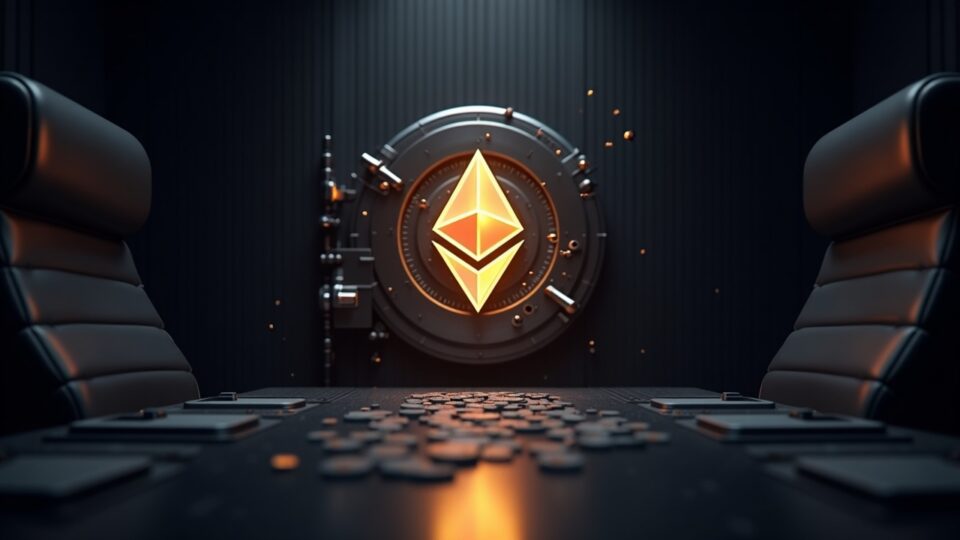 Escena elegante de una sala de juntas con un logotipo de bóveda de Ethereum iluminado, nodos de staking orbitando y flujos de dinero digital.