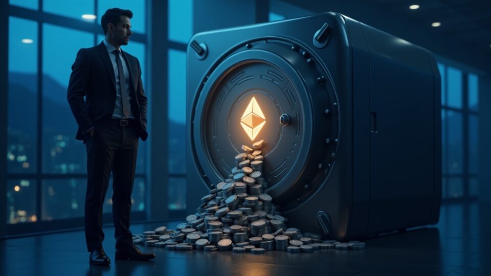 Un ejecutivo con traje junto a una bóveda de Ethereum brillante, tokens ETH cayendo en una tesorería digital bajo iluminación de sala de redacción.