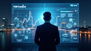 Ejecutivo fotorrealista ante un panel holográfico con el skyline de Frankfurt y iconos cripto, señalando la OPV de Bitpanda.