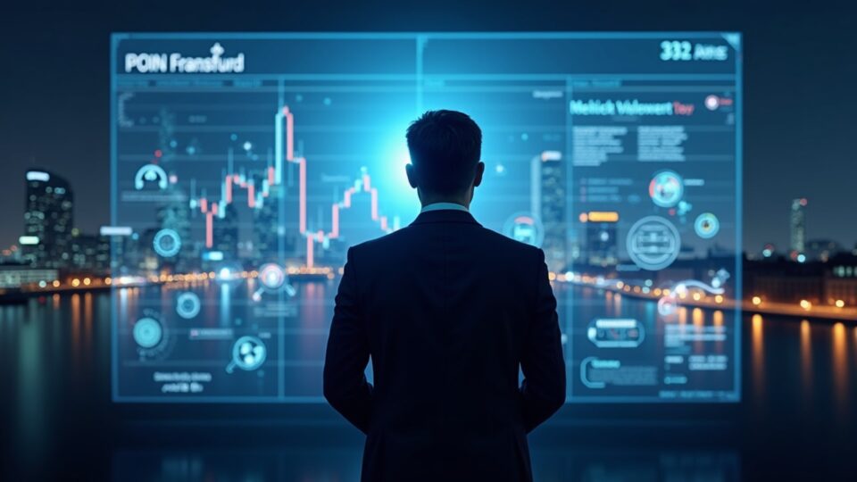 Ejecutivo fotorrealista ante un panel holográfico con el skyline de Frankfurt y iconos cripto, señalando la OPV de Bitpanda.