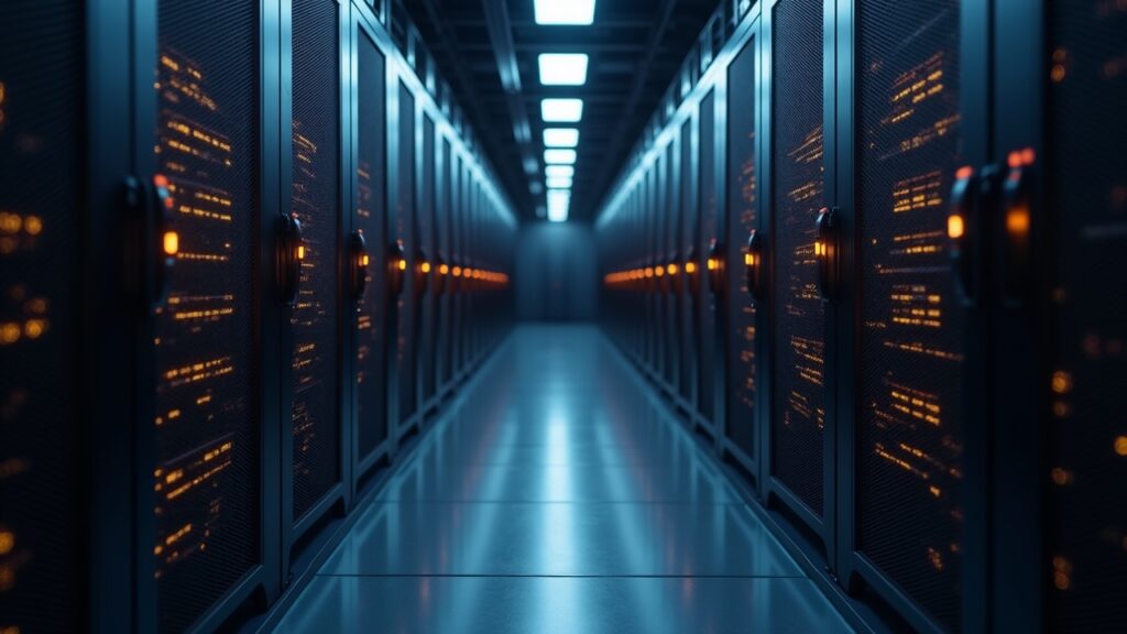 Centro de datos fotorealista con filas de ASICs Antminer S21 XP/L9 y el brillo de la minería de Bitcoin con una sutil marca de BitVentures.