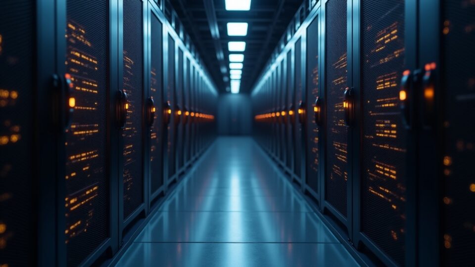 Centro de datos fotorealista con filas de ASICs Antminer S21 XP/L9 y el brillo de la minería de Bitcoin con una sutil marca de BitVentures.