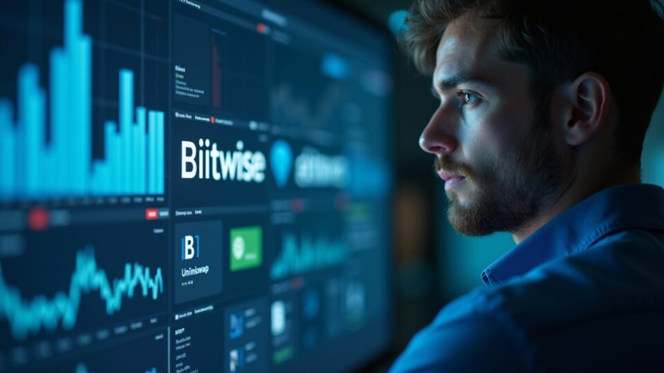 Retrato fotorrealista de un analista financiero junto a una pantalla con los logotipos de Bitwise y Uniswap y un documento de fideicomiso de Delaware.