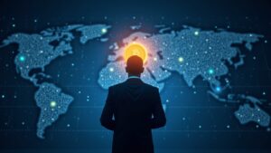Silueta de un inversor con traje frente a una esfera brillante de Bitcoin con gráficos de mercado bajo la iluminación azul de la sala de redacción.