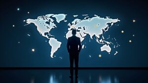 Silueta de un ejecutivo financiero junto a un mapa holográfico de activos tokenizados con iconos de Bitcoin y Ethereum.