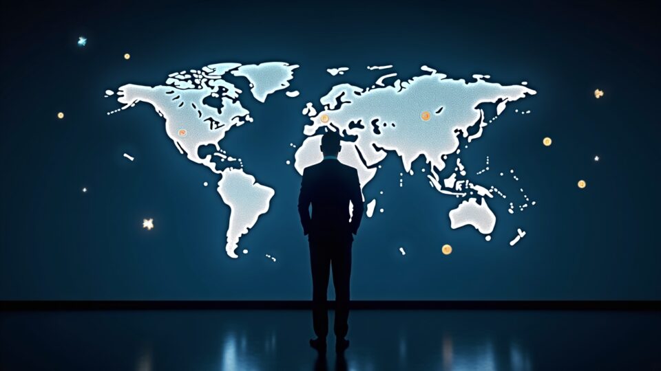 Silueta de un ejecutivo financiero junto a un mapa holográfico de activos tokenizados con iconos de Bitcoin y Ethereum.