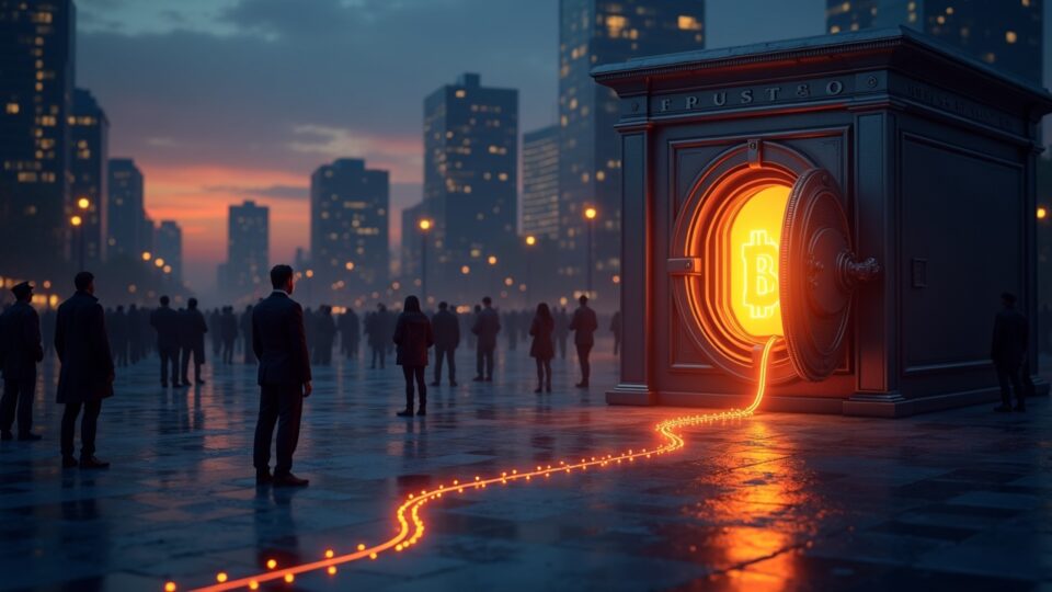 Distrito financiero iluminado por el crepúsculo con una bóveda de custodia luminosa; flujos de BTC y ETH fluyen desde instituciones hacia la bóveda.