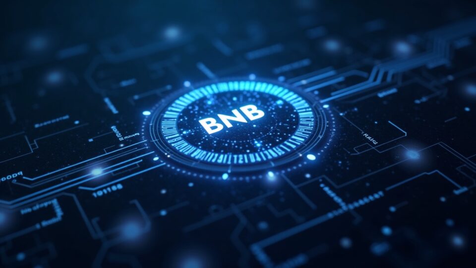 Logo de BNB fotorrealista brillante con flujos de datos de neón y un reloj de velocidad, representando la actualización Fermi.