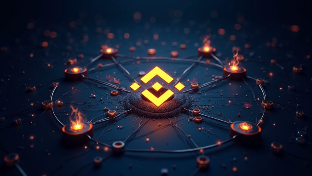 centro blockchain fotorrealista con quemas de BNB, una capa unificada de monedas estables y una interfaz futurista de X.