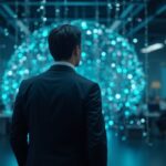Banquero en el centro del escenario con traje y una cadena de bloques luminosa detrás; depósitos tokenizados fluyen hacia vías en la cadena de bloques, estilo sala de redacción