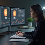 Fotorrealista asesor de patrimonio de Bank of America en un escritorio elegante, pantalla que muestra logotipos de ETF de Bitcoin.