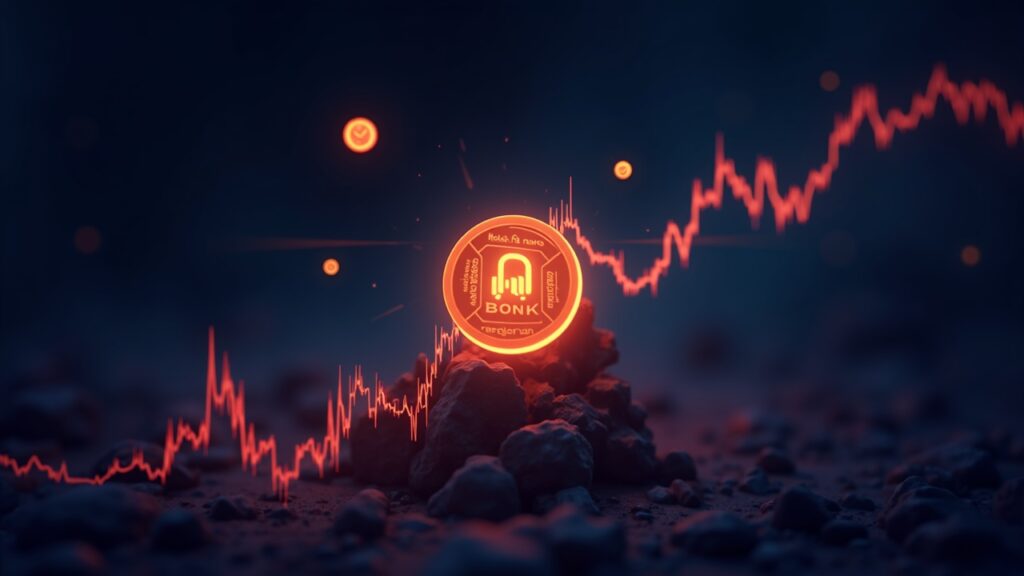 Token BONK fotorrealista rompiendo la resistencia en un gráfico de precios brillante con iconos de Solana y DeFi.