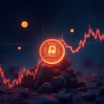 Token BONK fotorrealista rompiendo la resistencia en un gráfico de precios brillante con iconos de Solana y DeFi.