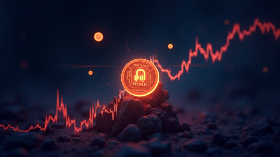 Token BONK fotorrealista rompiendo la resistencia en un gráfico de precios brillante con iconos de Solana y DeFi.