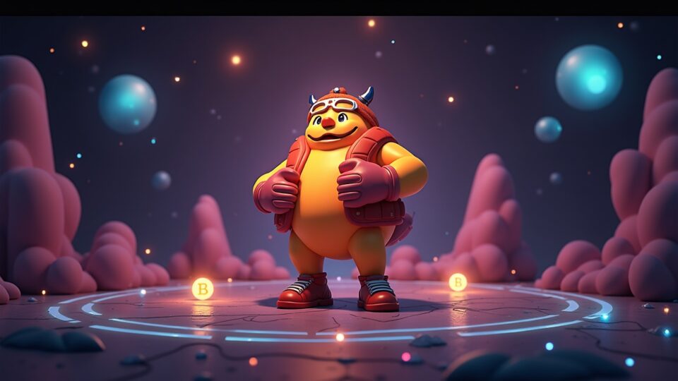 Escena fotorrealista de una plataforma de lanzamiento de Solana con una mascota de BonkFun revelando BONK Classic sin tarifas entre tokens meme brillantes.