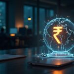 Escritorio de banco central fotorrealista con una rupia digital brillante y iconos de monedas de BRICS en un globo holográfico