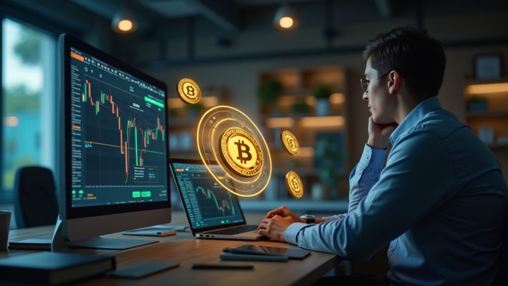 Operador cripto en una oficina moderna con tokens holográficos GOLDUSDT y PAXGUSDT orbitando un gráfico de mercado digital.