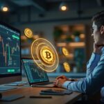 Operador cripto en una oficina moderna con tokens holográficos GOLDUSDT y PAXGUSDT orbitando un gráfico de mercado digital.