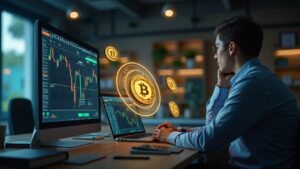 Operador cripto en una oficina moderna con tokens holográficos GOLDUSDT y PAXGUSDT orbitando un gráfico de mercado digital.
