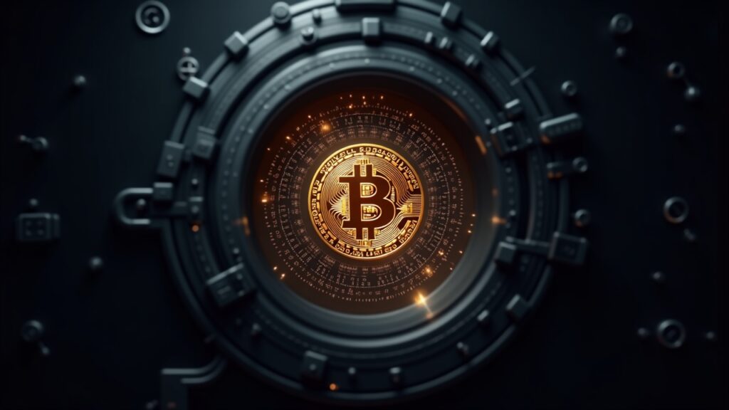 Logotipo de Bitcoin hiperrealista transformándose en un circuito cuántico con un fondo de bóveda, señalando la migración poscuántica.
