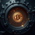 Logotipo de Bitcoin hiperrealista transformándose en un circuito cuántico con un fondo de bóveda, señalando la migración poscuántica.