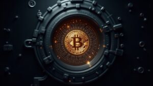 Logotipo de Bitcoin hiperrealista transformándose en un circuito cuántico con un fondo de bóveda, señalando la migración poscuántica.