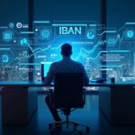 Operador fotorrealista en un escritorio elegante con IBAN/carriles multimoneda holográficos; el horizonte urbano mezcla la banca y la cadena de bloques